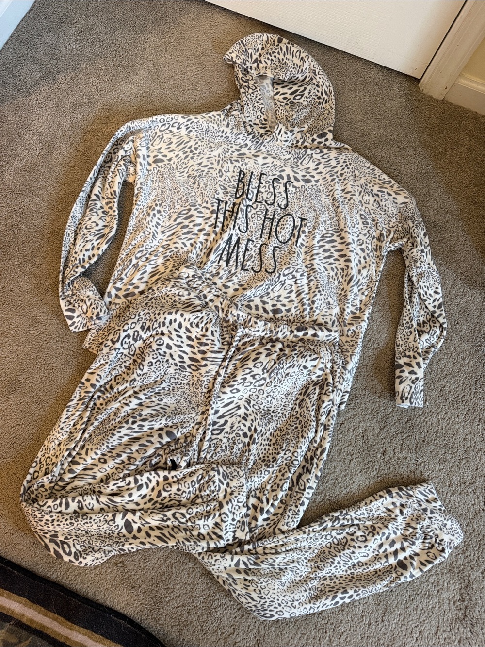 Rae Dunn Leopard Print Hooded Pajama Set - White & Tan